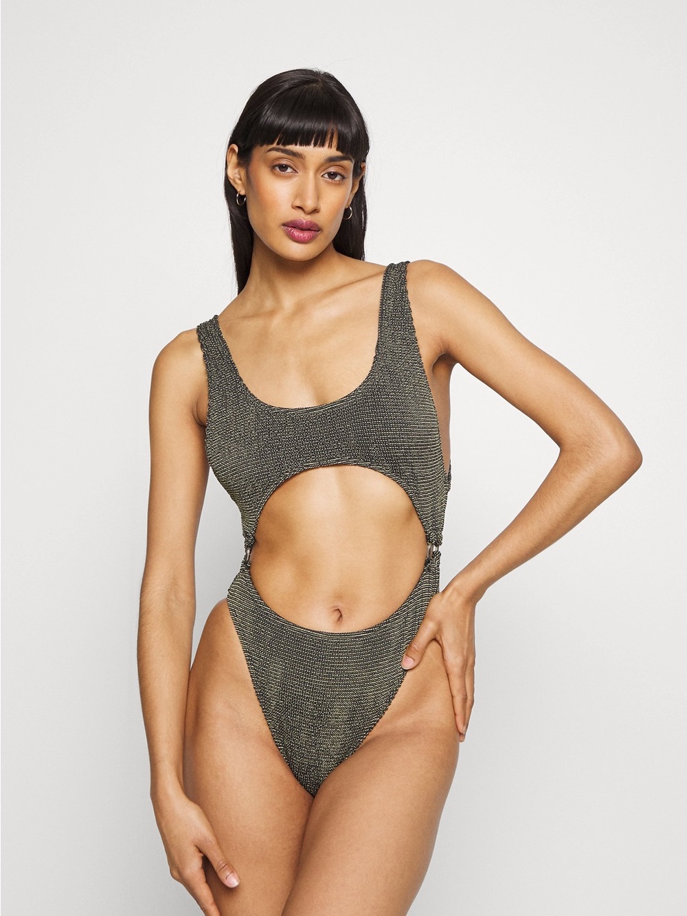Good American Metallic Olive Cutout One-Piece Swimsuit
